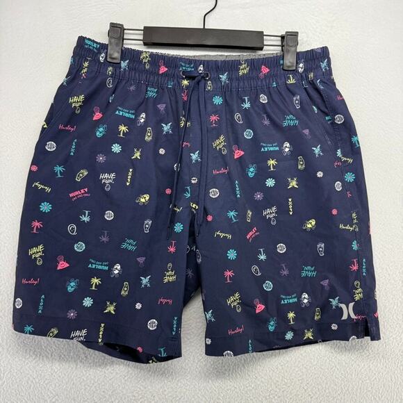 Hurley Swim Shorts Mens medium Blue Geometric Surf Lined All over Pockets Trunks - Picture 1 of 11